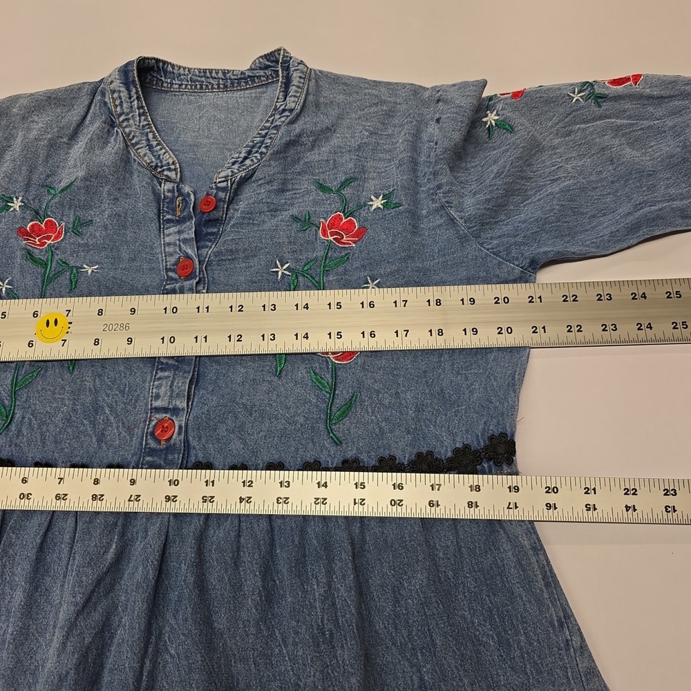 Vintage Denim‎ Maxi Dress Embroidered Roses Boho Festival Long Sleeve Womens - Picture 5 of 7